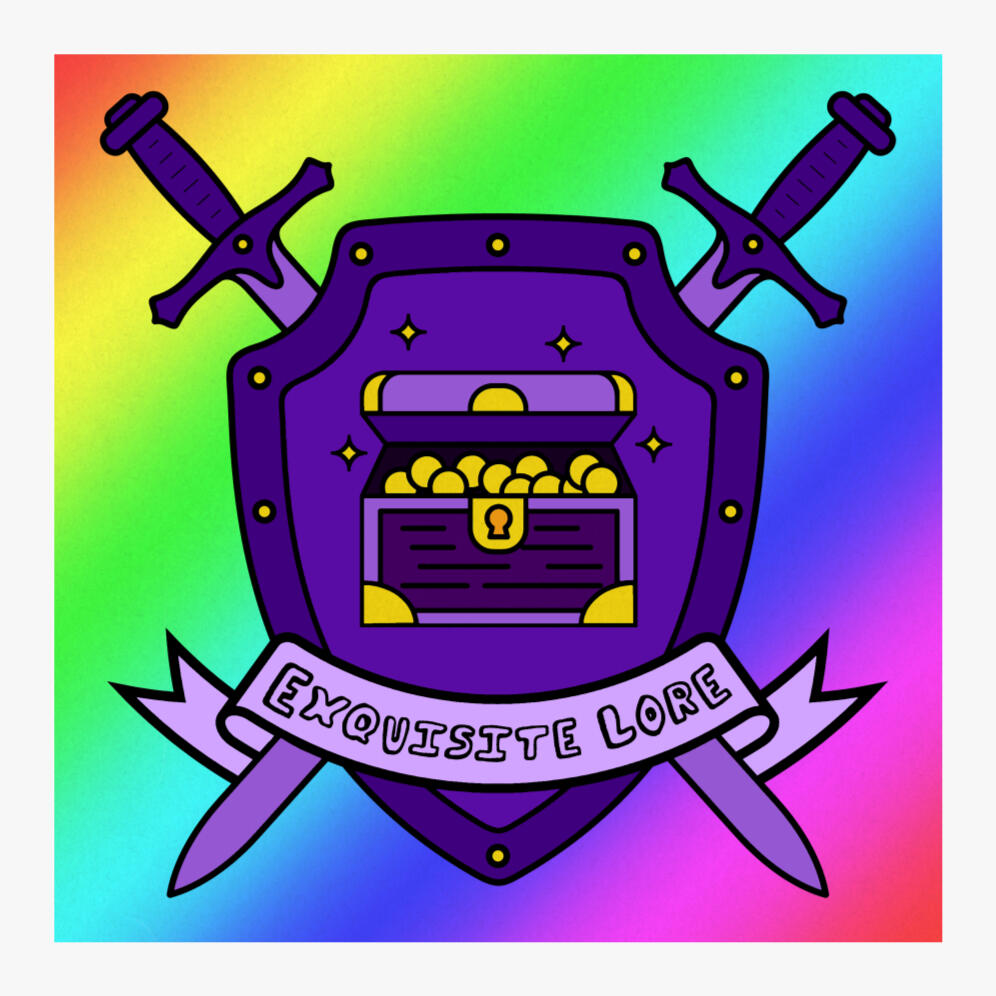 Exquisite Lore logo featuring rainbow gradient background & purple medieval sword crest with treasure chest. On a banner across it text reads "Exquisite Lore".